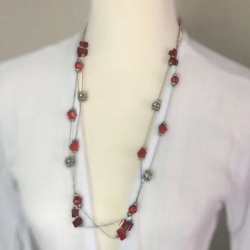 Silver Tone Beaded Rope Necklace 61” Long Chain Rhinestones Shell Beads Plastic